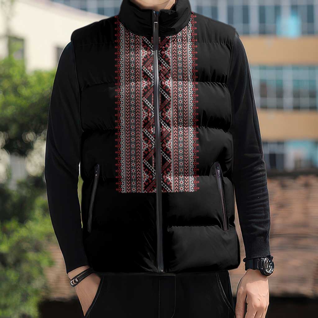 Personalized Ukrainian Trident Sleeveless Puffer Jacket Black Tryzub Vyshyvanka Pattern - Wonder Print Shop