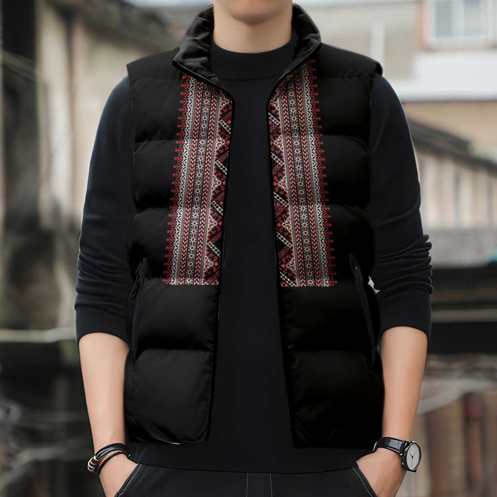 Personalized Ukrainian Trident Sleeveless Puffer Jacket Black Tryzub Vyshyvanka Pattern - Wonder Print Shop