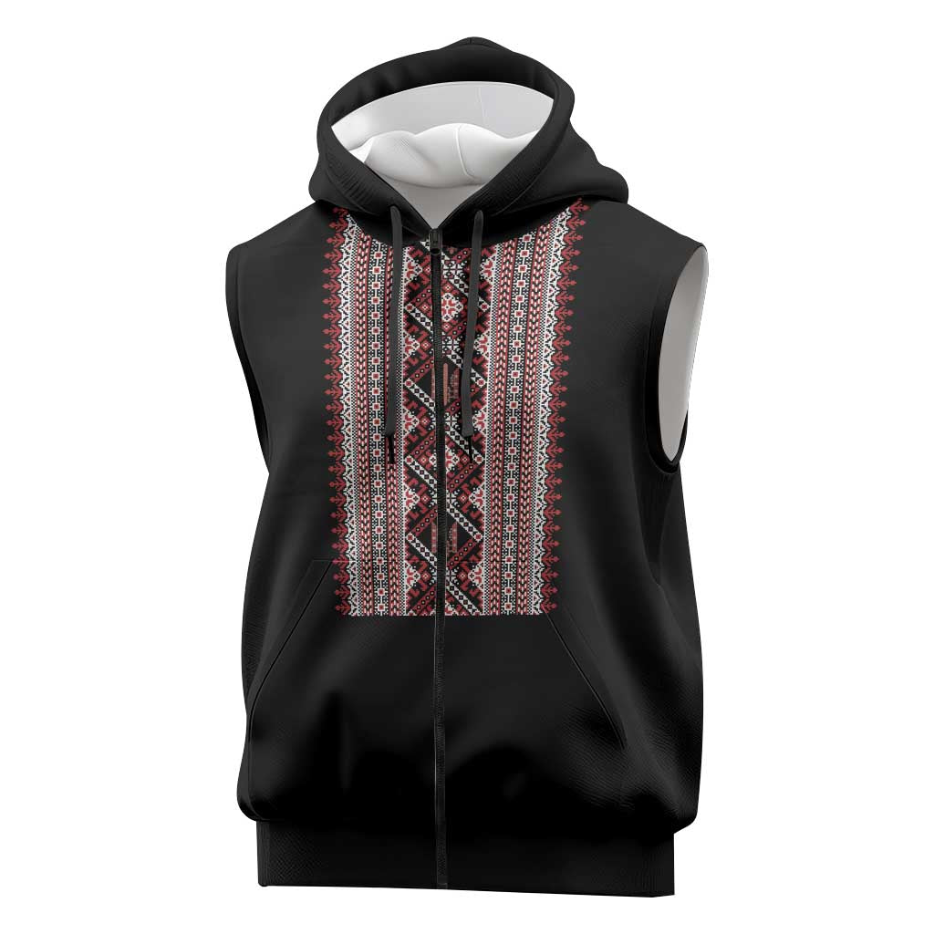Personalized Ukrainian Trident Sleeveless Zip Hoodie Black Tryzub Vyshyvanka Pattern - Wonder Print Shop