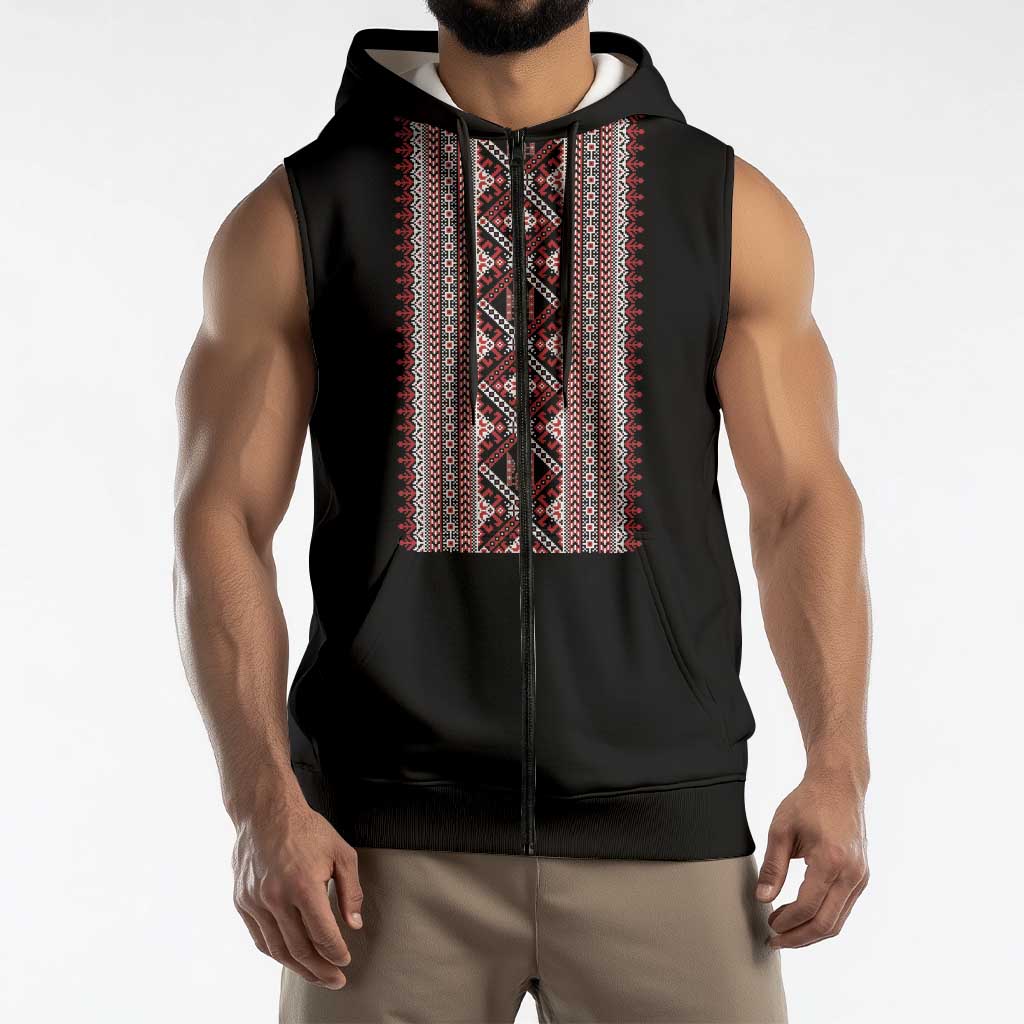 Personalized Ukrainian Trident Sleeveless Zip Hoodie Black Tryzub Vyshyvanka Pattern - Wonder Print Shop