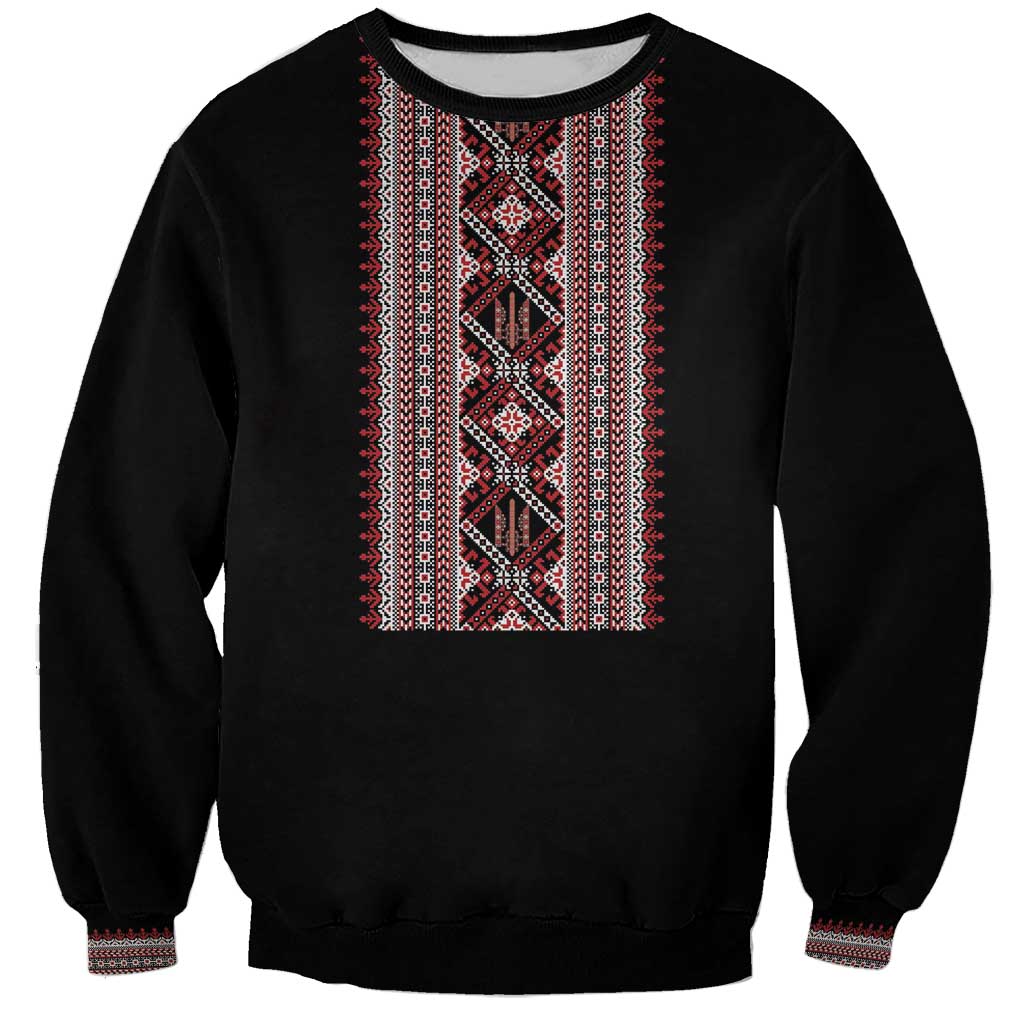 Personalized Ukrainian Trident Sweatshirt Black Tryzub Vyshyvanka Pattern - Wonder Print Shop