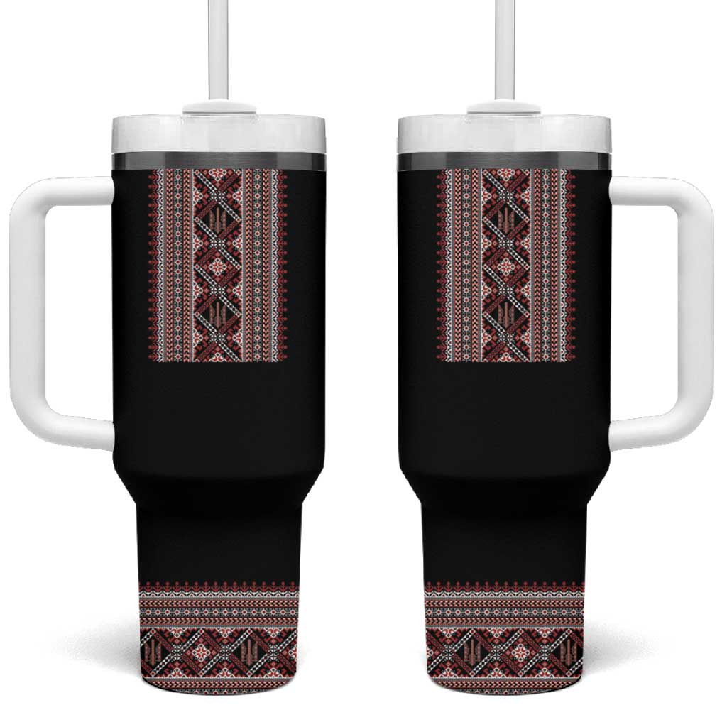 Ukrainian Trident Tumbler With Handle Black Tryzub Vyshyvanka Pattern - Wonder Print Shop