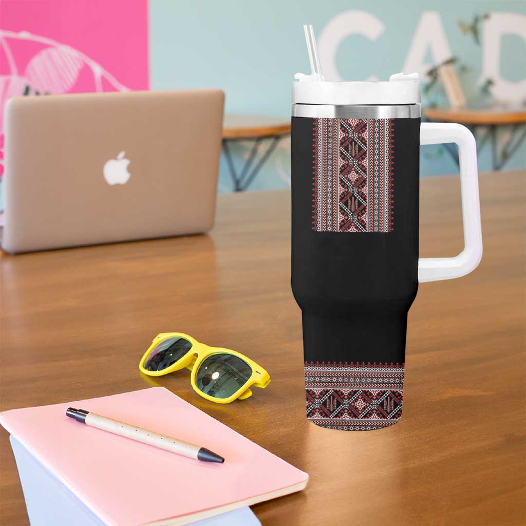Ukrainian Trident Tumbler With Handle Black Tryzub Vyshyvanka Pattern - Wonder Print Shop