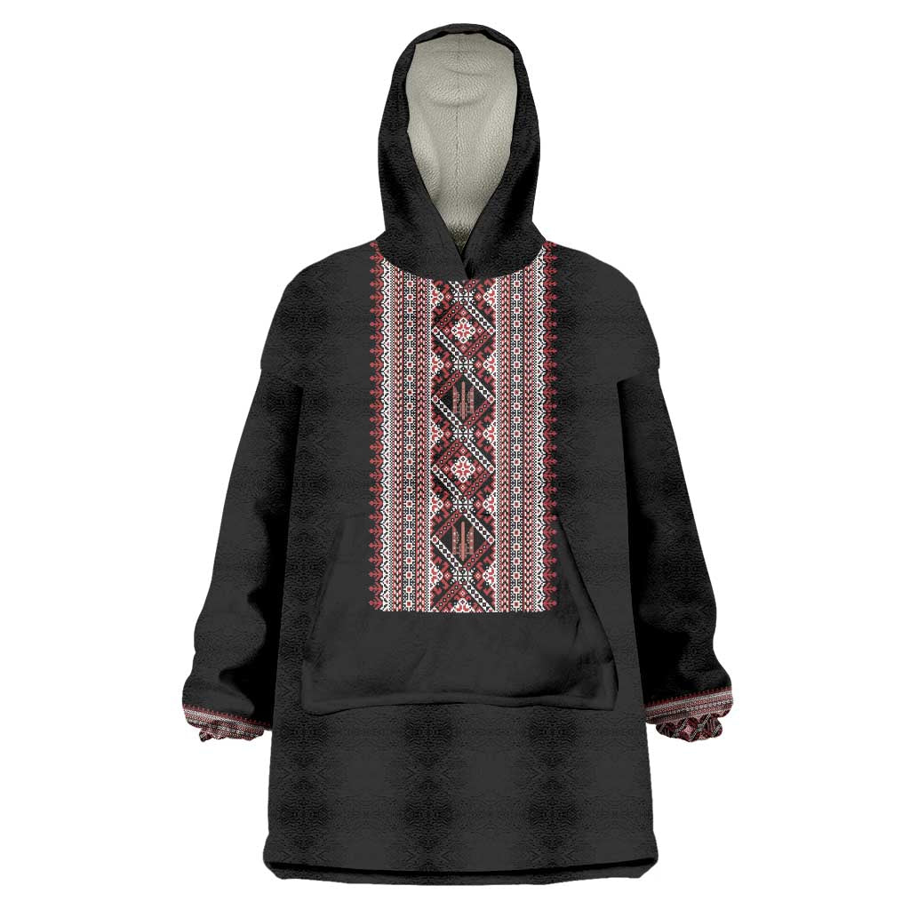 Personalized Ukrainian Trident Wearable Blanket Hoodie Black Tryzub Vyshyvanka Pattern - Wonder Print Shop