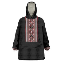 Personalized Ukrainian Trident Wearable Blanket Hoodie Black Tryzub Vyshyvanka Pattern - Wonder Print Shop
