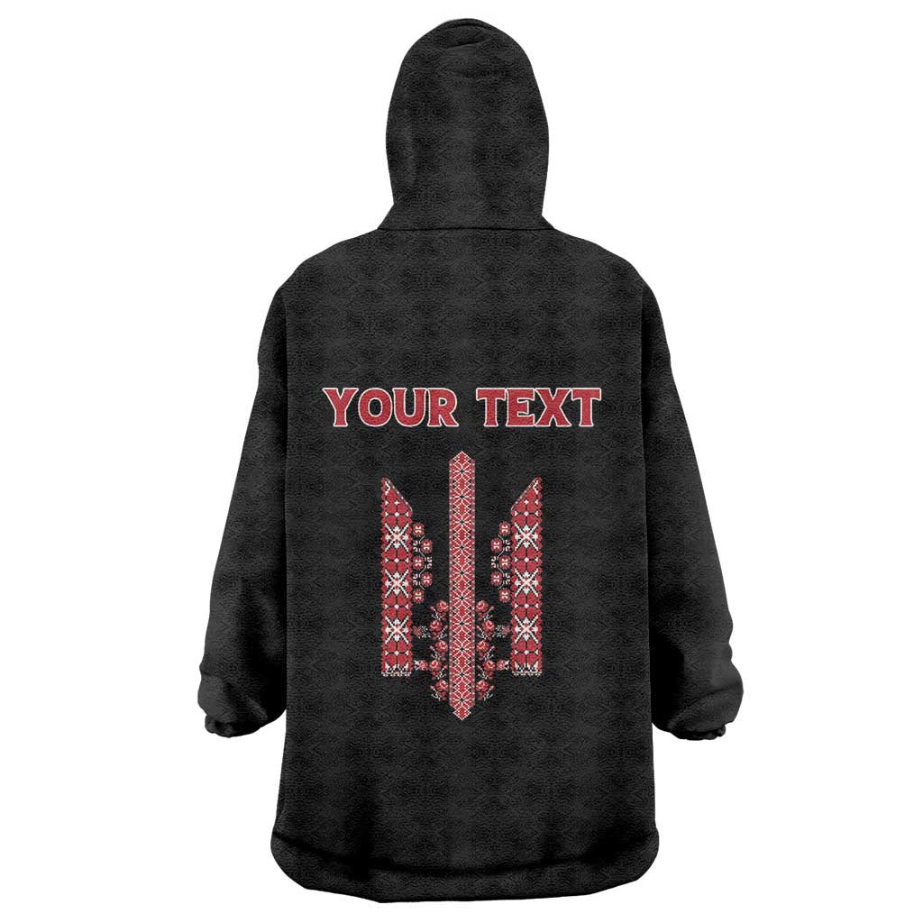 Personalized Ukrainian Trident Wearable Blanket Hoodie Black Tryzub Vyshyvanka Pattern - Wonder Print Shop