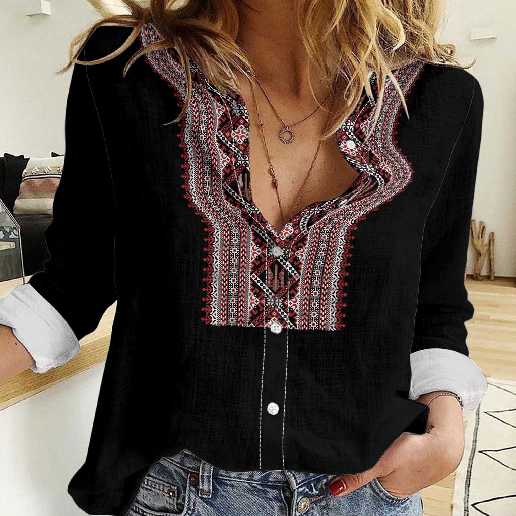 Personalized Ukrainian Trident Women Casual Shirt Black Tryzub Vyshyvanka Pattern - Wonder Print Shop