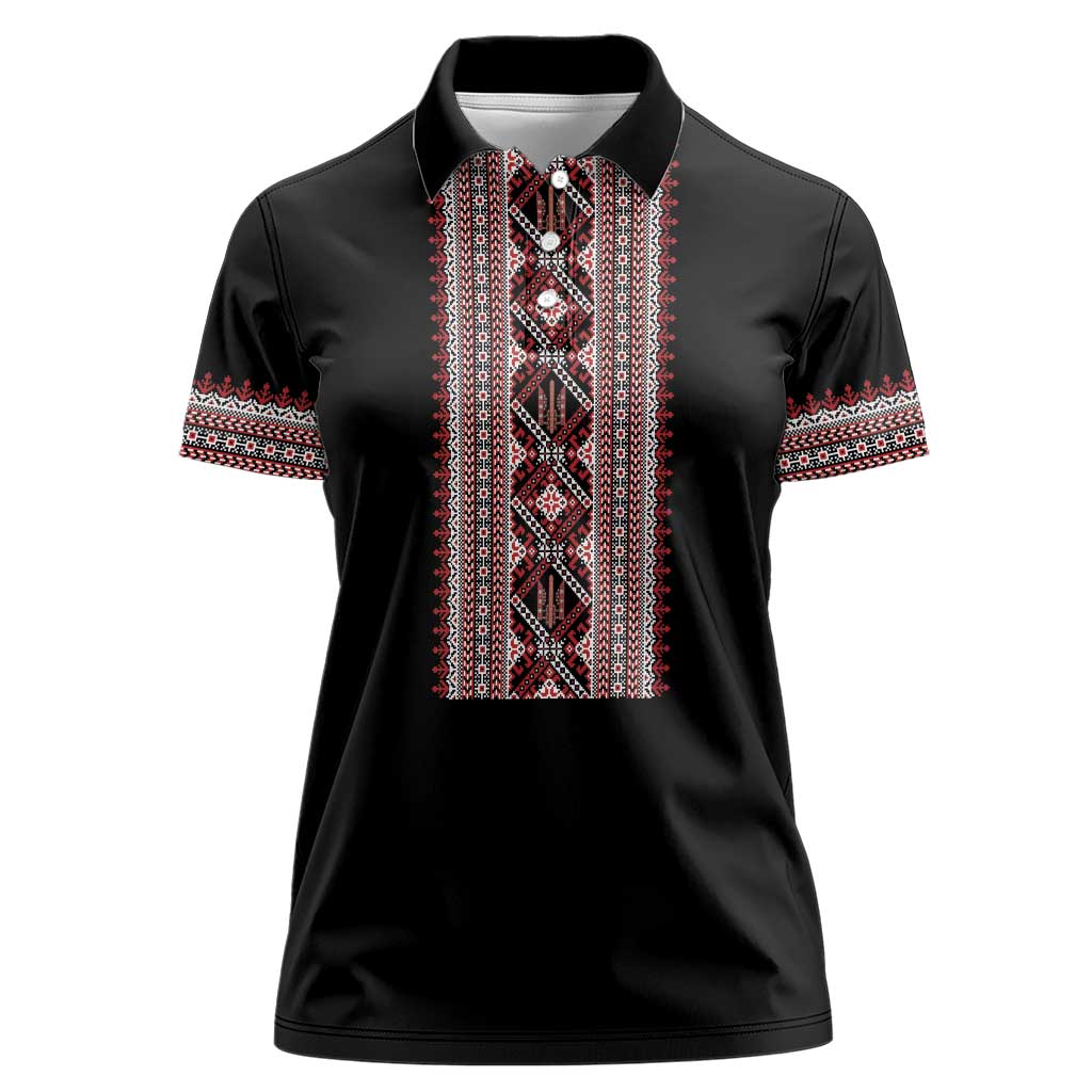 Personalized Ukrainian Trident Women Polo Shirt Black Tryzub Vyshyvanka Pattern - Wonder Print Shop