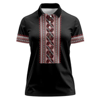 Personalized Ukrainian Trident Women Polo Shirt Black Tryzub Vyshyvanka Pattern - Wonder Print Shop