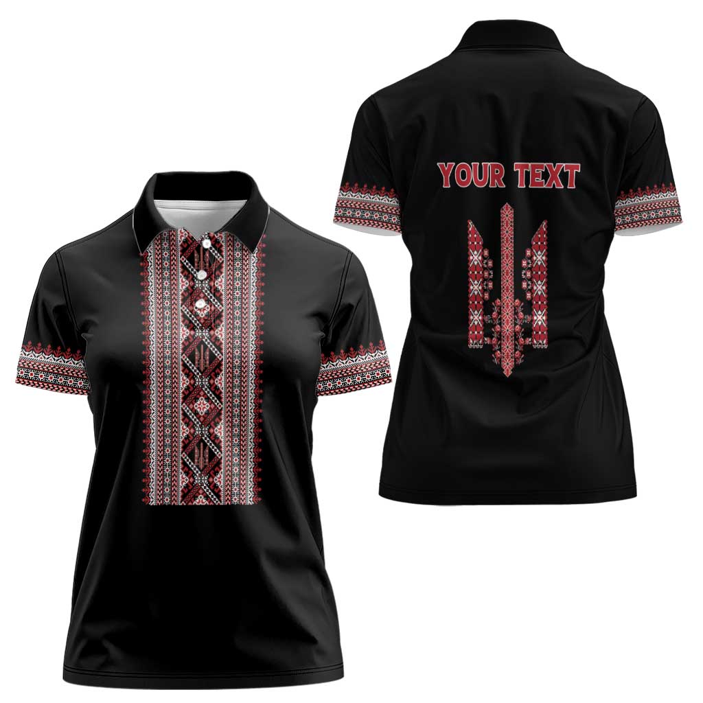 Personalized Ukrainian Trident Women Polo Shirt Black Tryzub Vyshyvanka Pattern - Wonder Print Shop