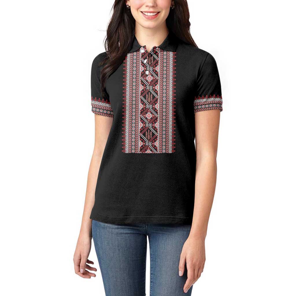 Personalized Ukrainian Trident Women Polo Shirt Black Tryzub Vyshyvanka Pattern - Wonder Print Shop