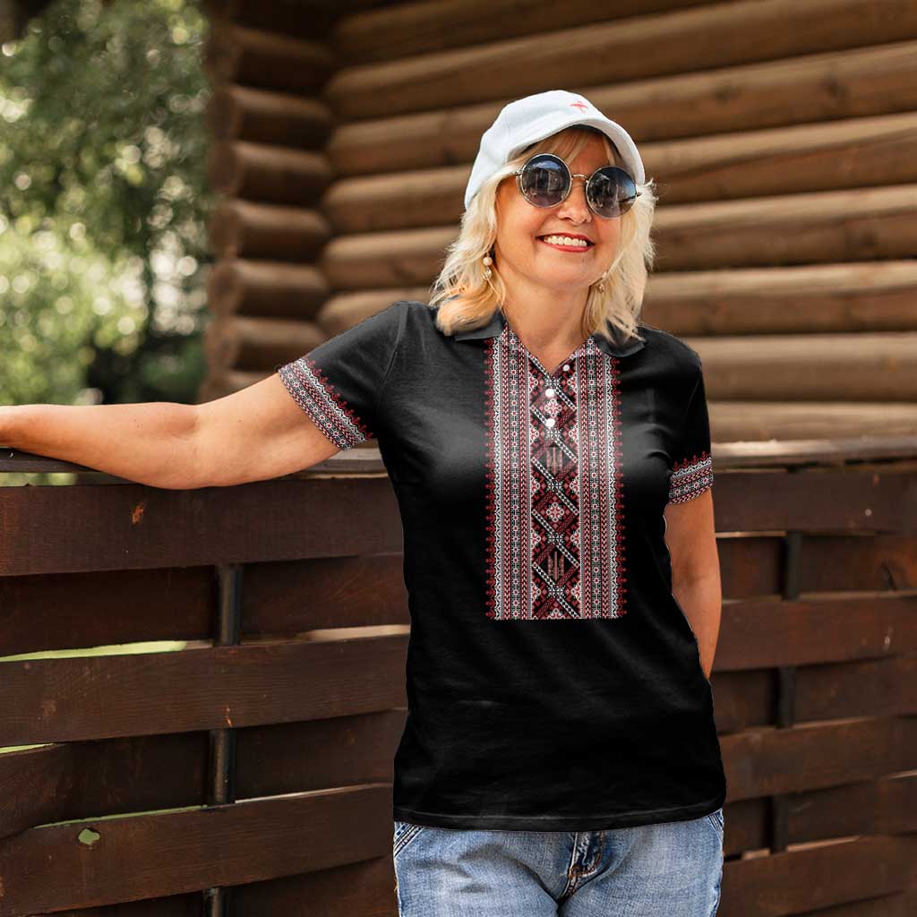 Personalized Ukrainian Trident Women Polo Shirt Black Tryzub Vyshyvanka Pattern - Wonder Print Shop