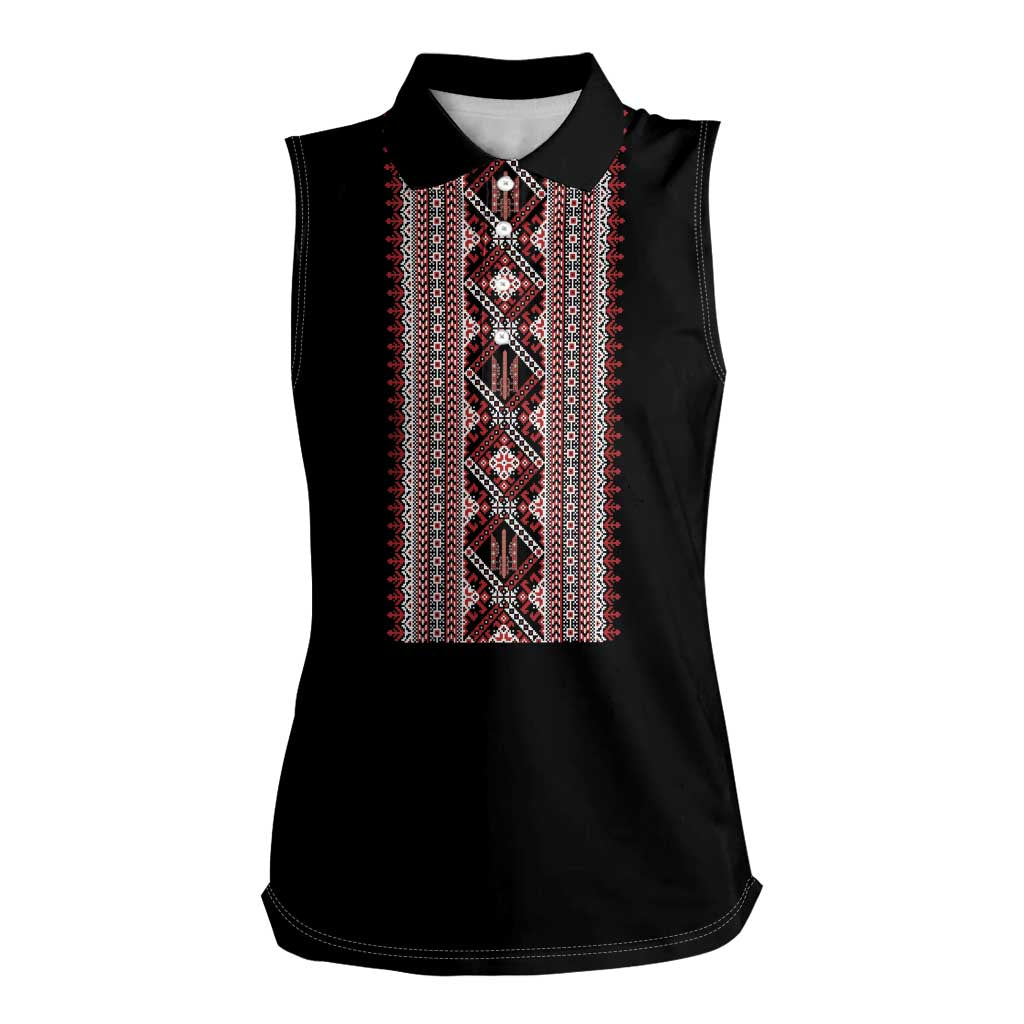 Personalized Ukrainian Trident Women Sleeveless Polo Shirt Black Tryzub Vyshyvanka Pattern - Wonder Print Shop