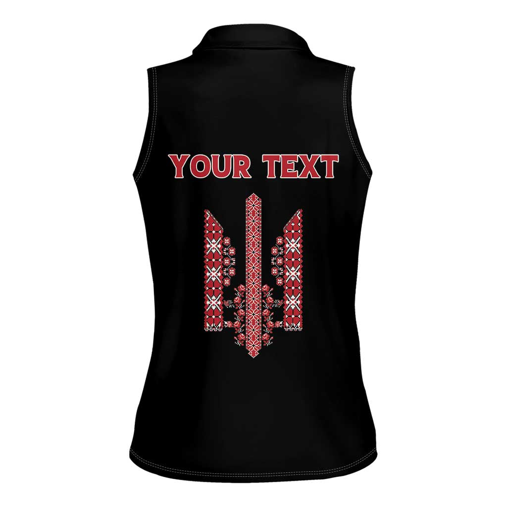 Personalized Ukrainian Trident Women Sleeveless Polo Shirt Black Tryzub Vyshyvanka Pattern - Wonder Print Shop