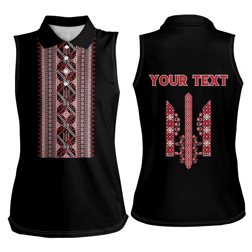 Personalized Ukrainian Trident Women Sleeveless Polo Shirt Black Tryzub Vyshyvanka Pattern - Wonder Print Shop
