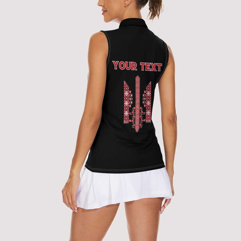 Personalized Ukrainian Trident Women Sleeveless Polo Shirt Black Tryzub Vyshyvanka Pattern - Wonder Print Shop