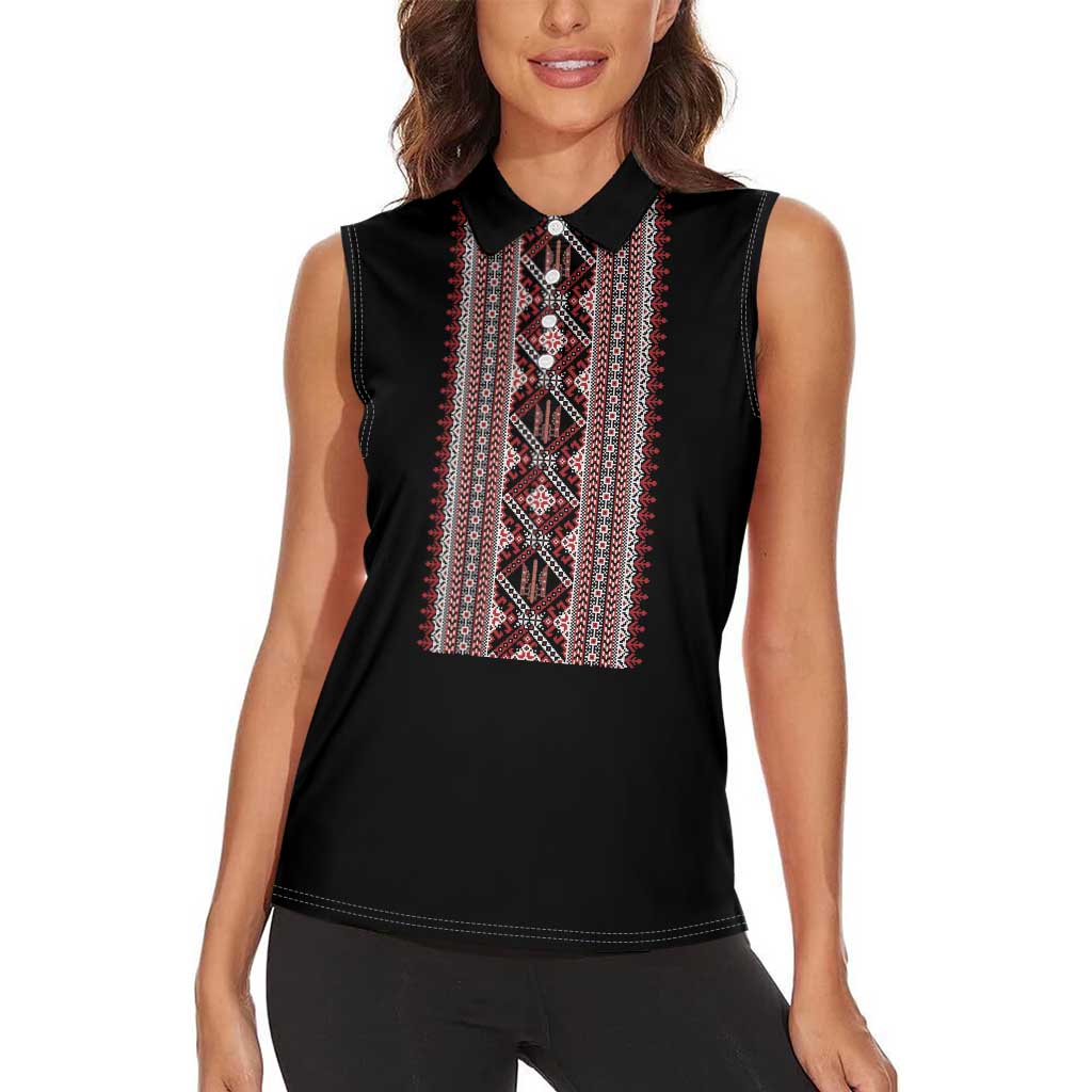 Personalized Ukrainian Trident Women Sleeveless Polo Shirt Black Tryzub Vyshyvanka Pattern - Wonder Print Shop