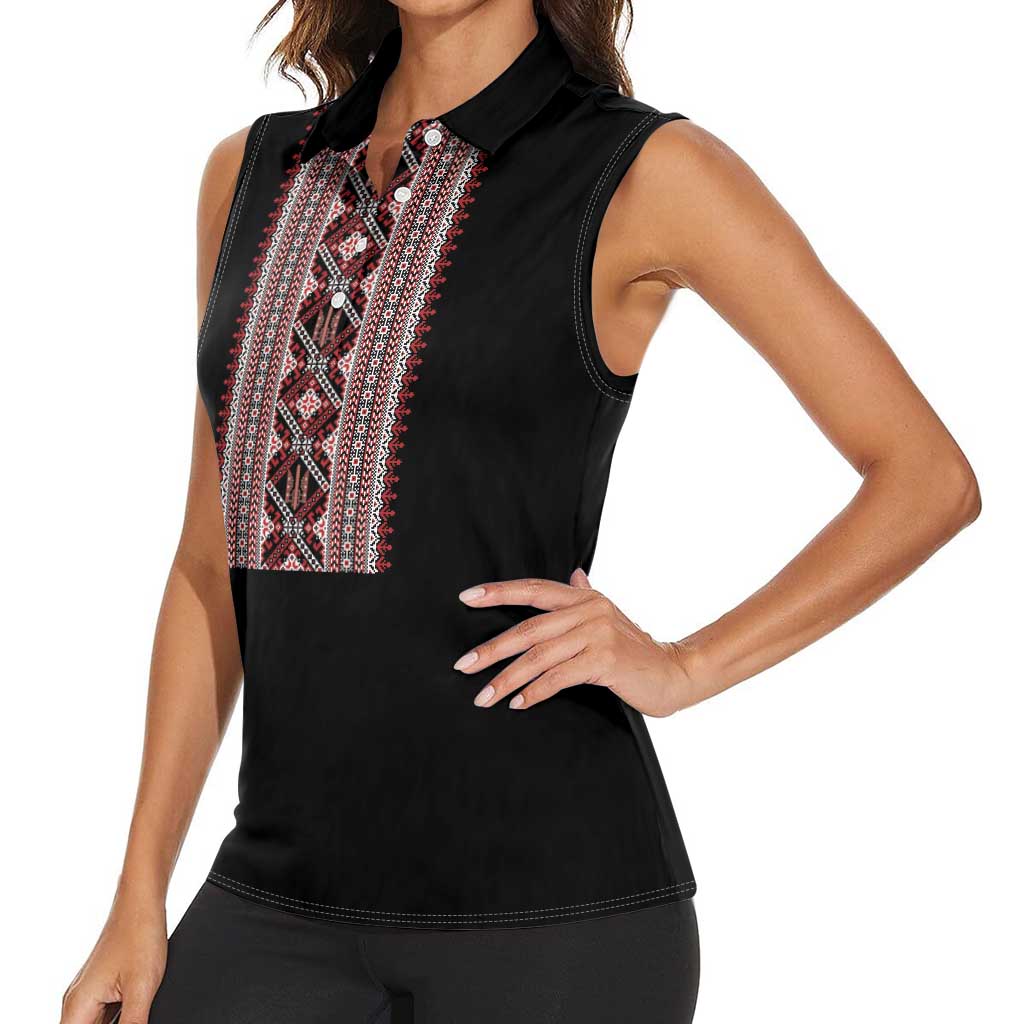 Personalized Ukrainian Trident Women Sleeveless Polo Shirt Black Tryzub Vyshyvanka Pattern - Wonder Print Shop