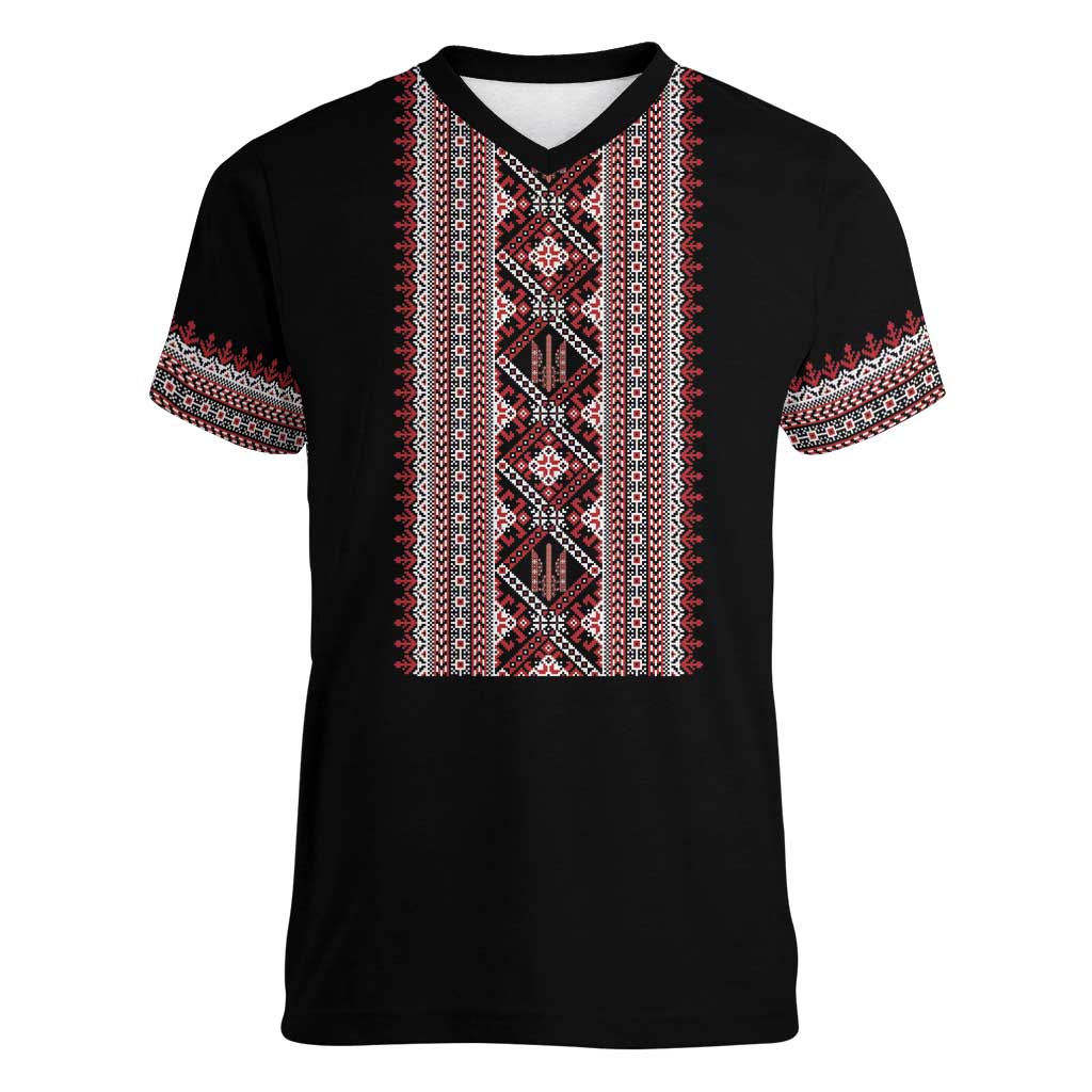 Personalized Ukrainian Trident Women V-Neck T-Shirt Black Tryzub Vyshyvanka Pattern - Wonder Print Shop