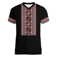 Personalized Ukrainian Trident Women V-Neck T-Shirt Black Tryzub Vyshyvanka Pattern - Wonder Print Shop