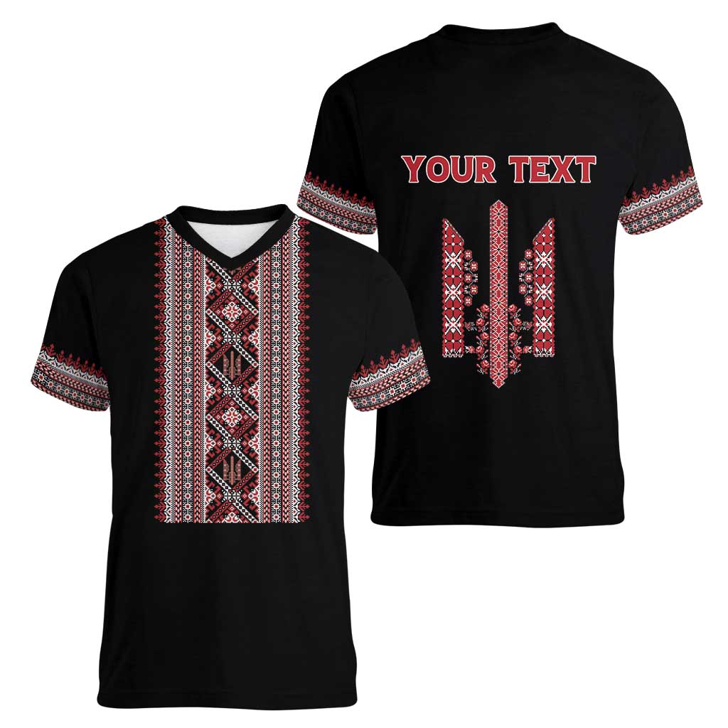 Personalized Ukrainian Trident Women V-Neck T-Shirt Black Tryzub Vyshyvanka Pattern - Wonder Print Shop