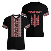 Personalized Ukrainian Trident Women V-Neck T-Shirt Black Tryzub Vyshyvanka Pattern - Wonder Print Shop