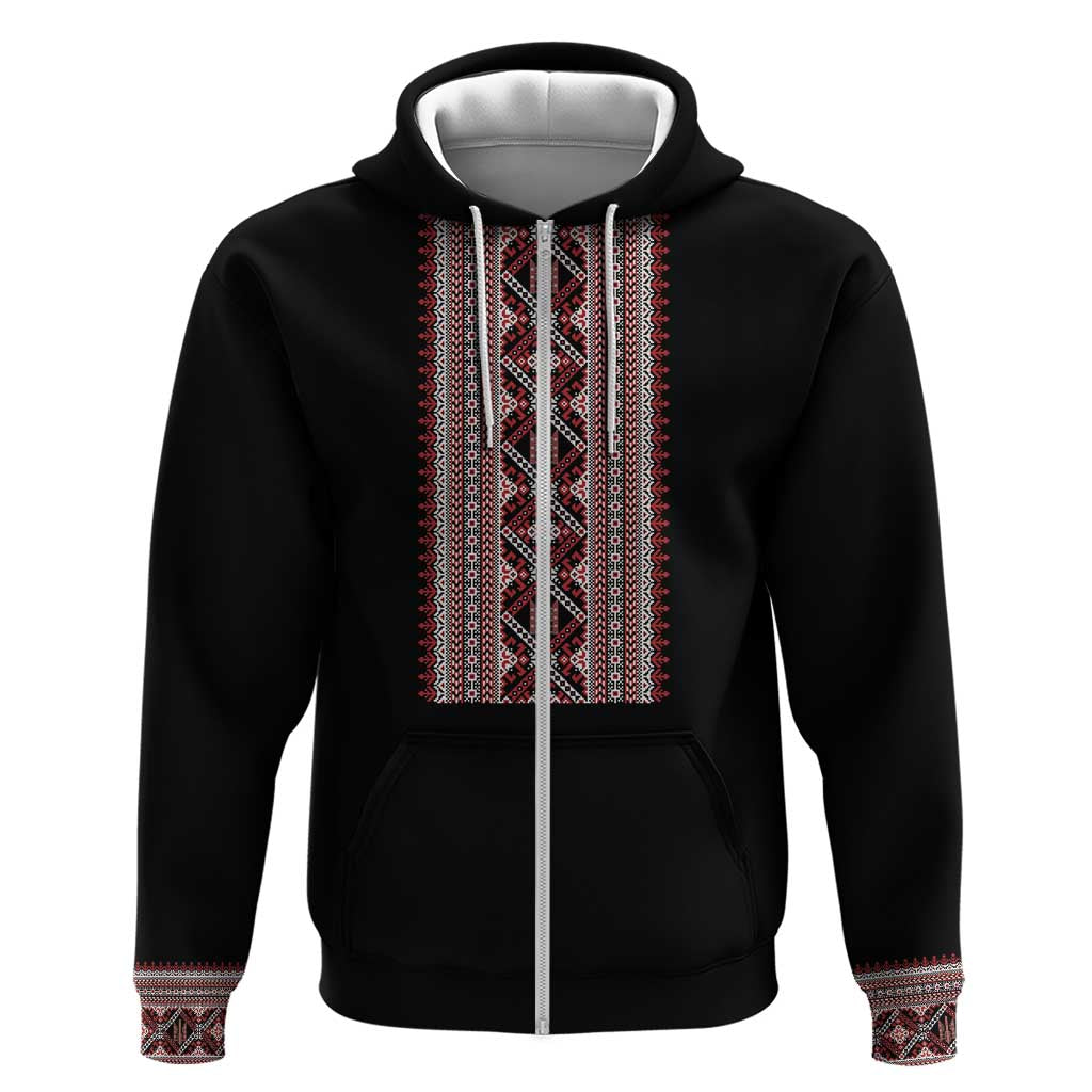 Personalized Ukrainian Trident Zip Hoodie Black Tryzub Vyshyvanka Pattern - Wonder Print Shop