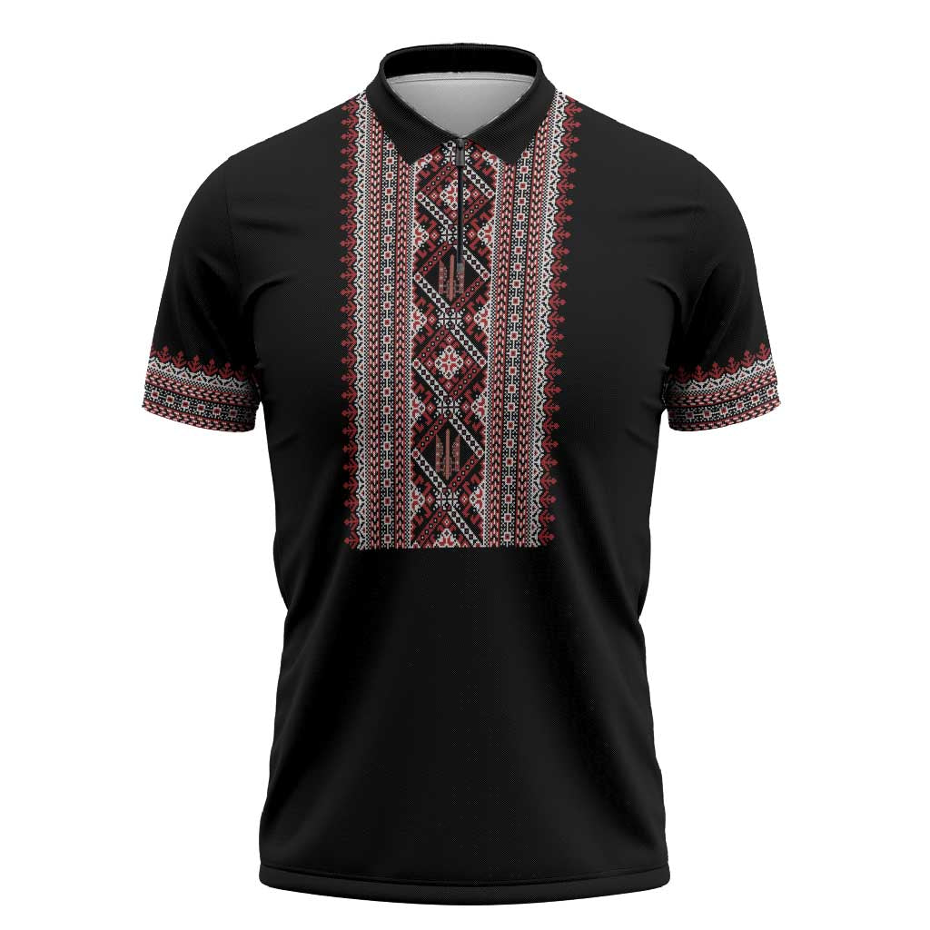 Personalized Ukrainian Trident Zipper Polo Shirt Black Tryzub Vyshyvanka Pattern - Wonder Print Shop