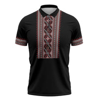 Personalized Ukrainian Trident Zipper Polo Shirt Black Tryzub Vyshyvanka Pattern - Wonder Print Shop