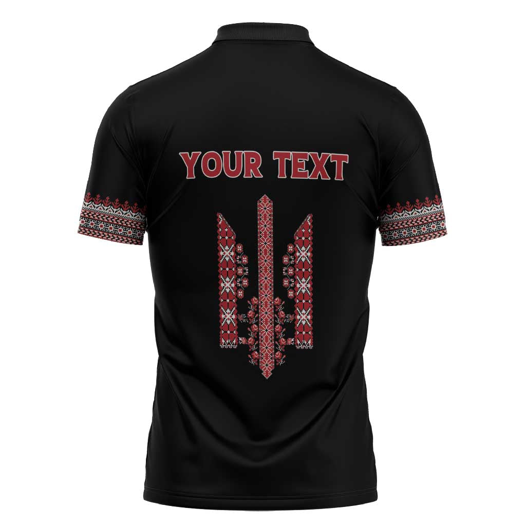 Personalized Ukrainian Trident Zipper Polo Shirt Black Tryzub Vyshyvanka Pattern - Wonder Print Shop