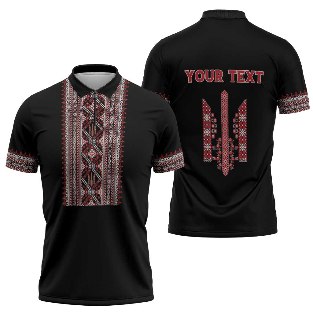 Personalized Ukrainian Trident Zipper Polo Shirt Black Tryzub Vyshyvanka Pattern - Wonder Print Shop