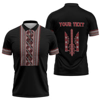 Personalized Ukrainian Trident Zipper Polo Shirt Black Tryzub Vyshyvanka Pattern - Wonder Print Shop