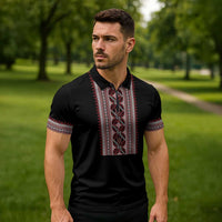 Personalized Ukrainian Trident Zipper Polo Shirt Black Tryzub Vyshyvanka Pattern - Wonder Print Shop