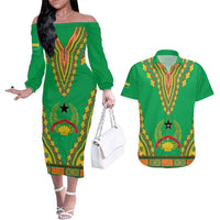 Personalised Guinea Bissau Couples Matching Off The Shoulder Long Sleeve Dress and Hawaiian Shirt Dashiki Pattern - Wonder Print Shop