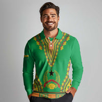 Personalised Guinea Bissau Long Sleeve Polo Shirt Dashiki Pattern - Wonder Print Shop
