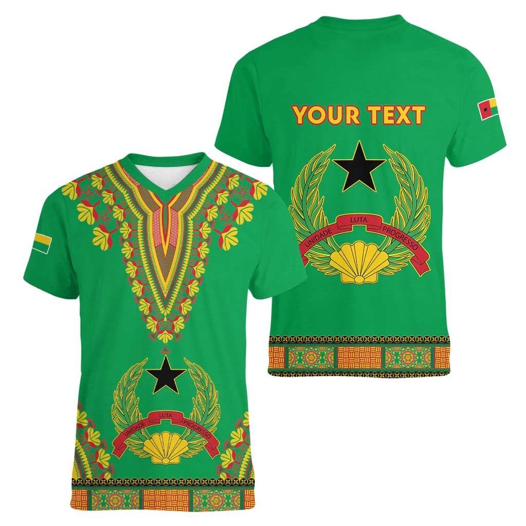 Personalised Guinea Bissau Women V-Neck T-Shirt Dashiki Pattern - Wonder Print Shop