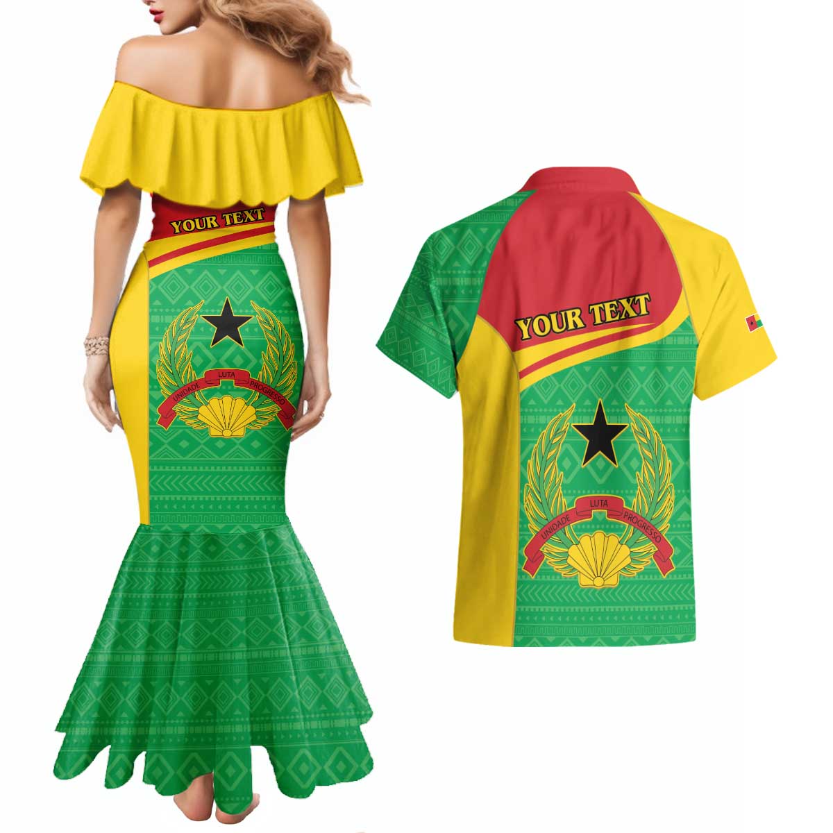 Personalised Guinea Bissau Couples Matching Mermaid Dress and Hawaiian Shirt Coat Of Arms - African Pattern - Wonder Print Shop