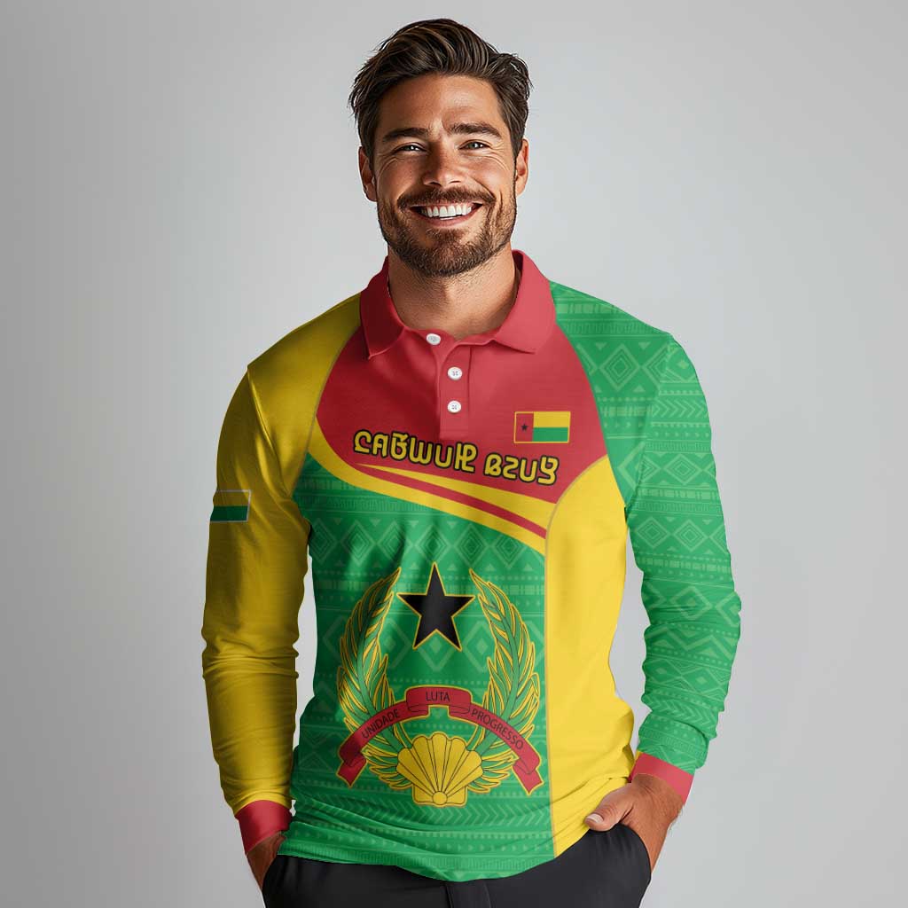 Personalised Guinea Bissau Long Sleeve Polo Shirt Coat Of Arms - African Pattern - Wonder Print Shop
