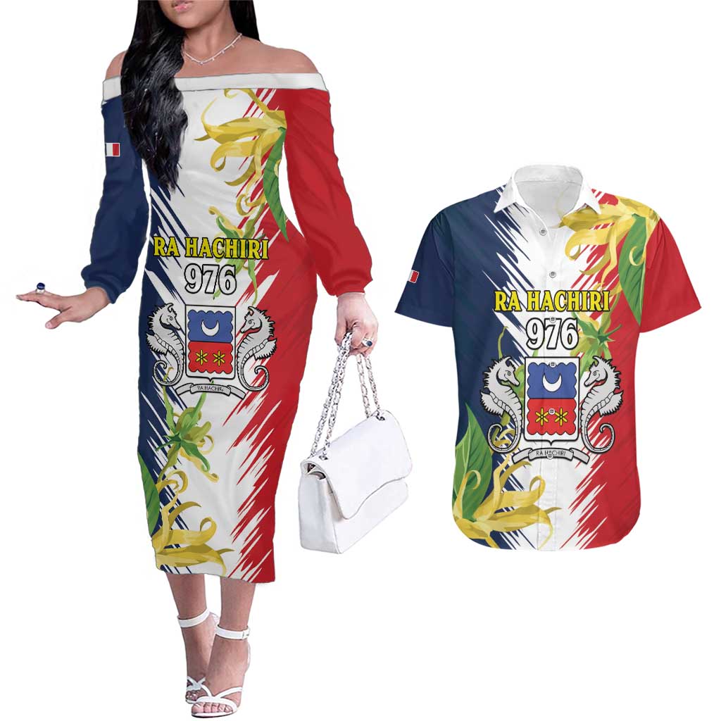 Ra Hachiri 976 Couples Matching Off The Shoulder Long Sleeve Dress and Hawaiian Shirt Coat Of Arms With Ylang Ylang