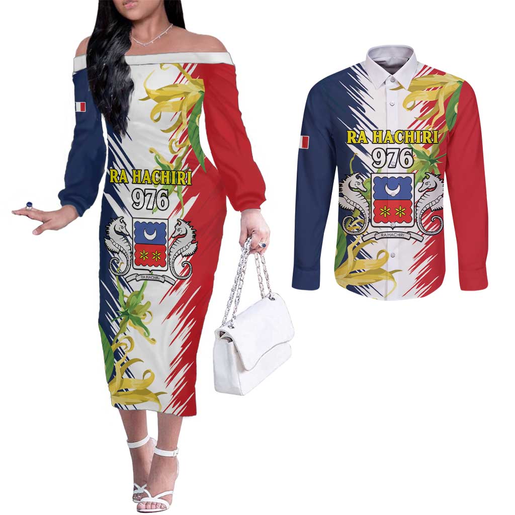 Ra Hachiri 976 Couples Matching Off The Shoulder Long Sleeve Dress and Long Sleeve Button Shirt Coat Of Arms With Ylang Ylang