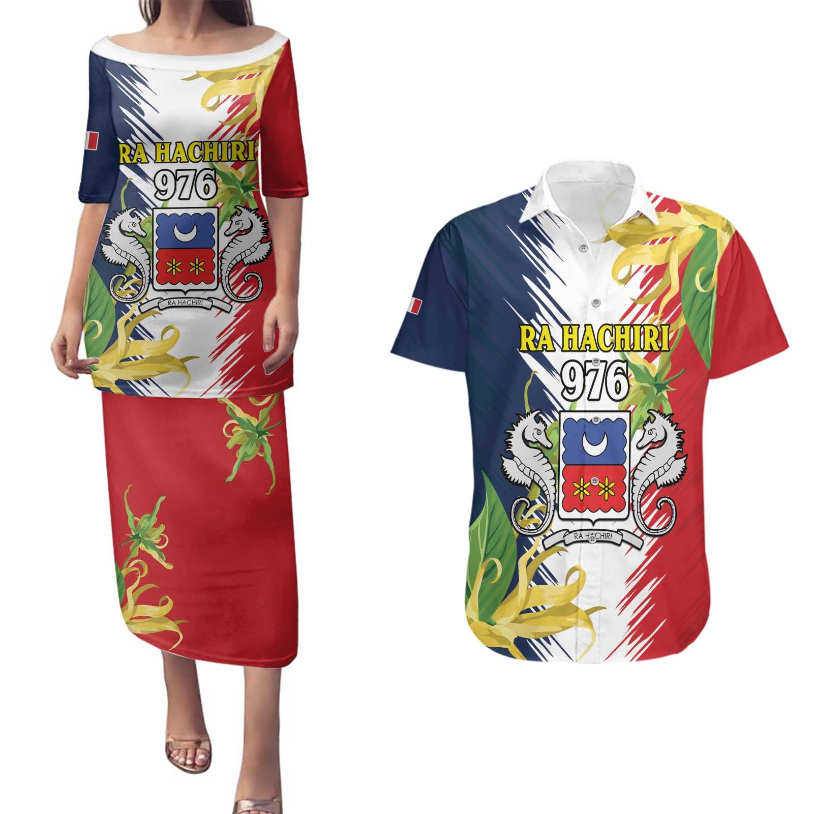 Ra Hachiri 976 Couples Matching Puletasi and Hawaiian Shirt Coat Of Arms With Ylang Ylang