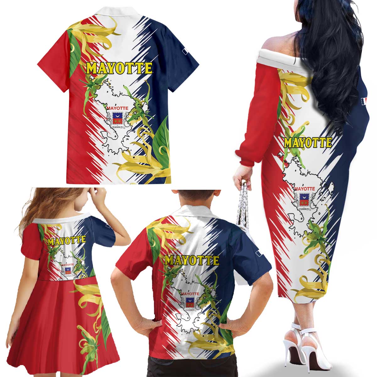 Ra Hachiri 976 Family Matching Off The Shoulder Long Sleeve Dress and Hawaiian Shirt Coat Of Arms With Ylang Ylang