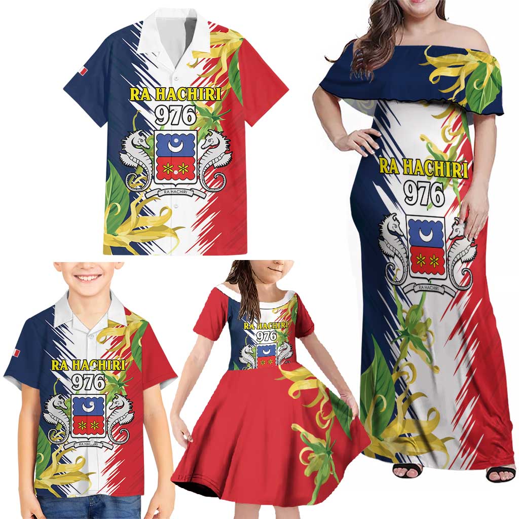 Ra Hachiri 976 Family Matching Off Shoulder Maxi Dress and Hawaiian Shirt Coat Of Arms With Ylang Ylang