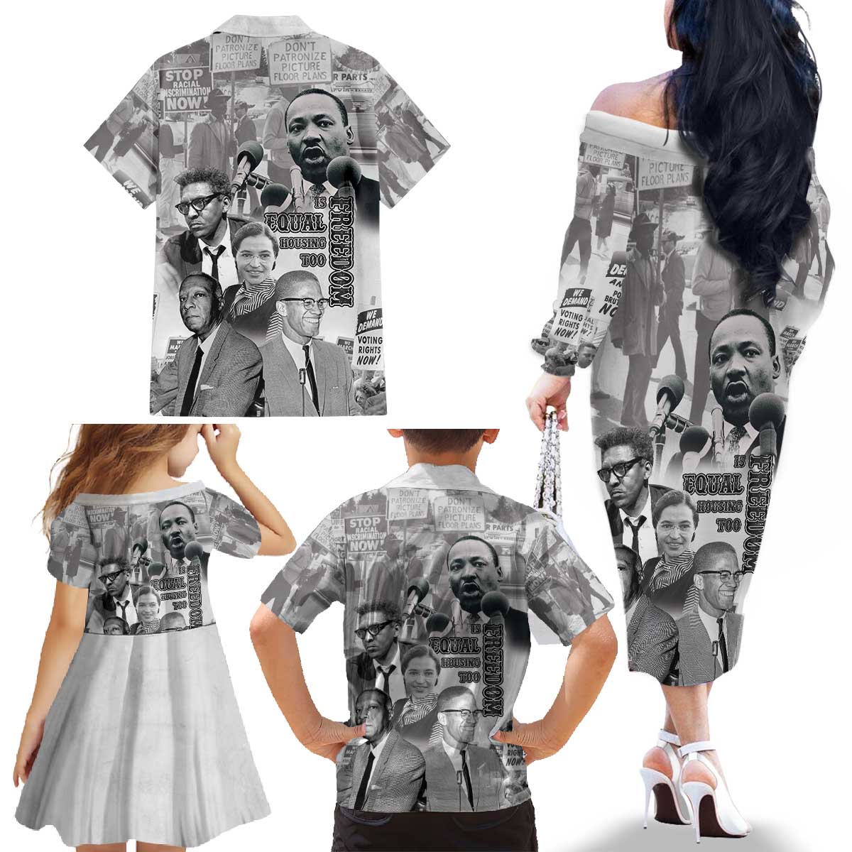 Civil Rights Leaders Family Matching Off The Shoulder Long Sleeve Dress and Hawaiian Shirt Freedom Is Equal Housing Too