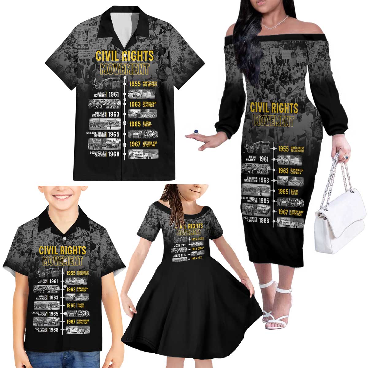 Black History Month Family Matching Off The Shoulder Long Sleeve Dress and Hawaiian Shirt Civil Rights Movement