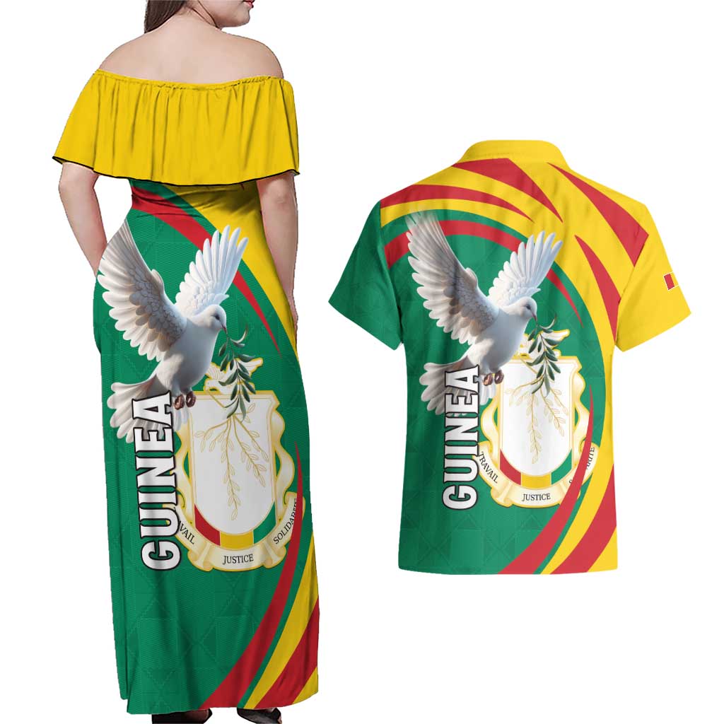 Guinea-Conakry Couples Matching Off Shoulder Maxi Dress and Hawaiian Shirt Coat Of Arms With Pigeon