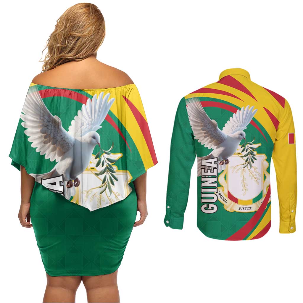 Guinea-Conakry Couples Matching Off Shoulder Short Dress and Long Sleeve Button Shirt Coat Of Arms With Pigeon
