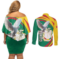 Guinea-Conakry Couples Matching Off Shoulder Short Dress and Long Sleeve Button Shirt Coat Of Arms With Pigeon