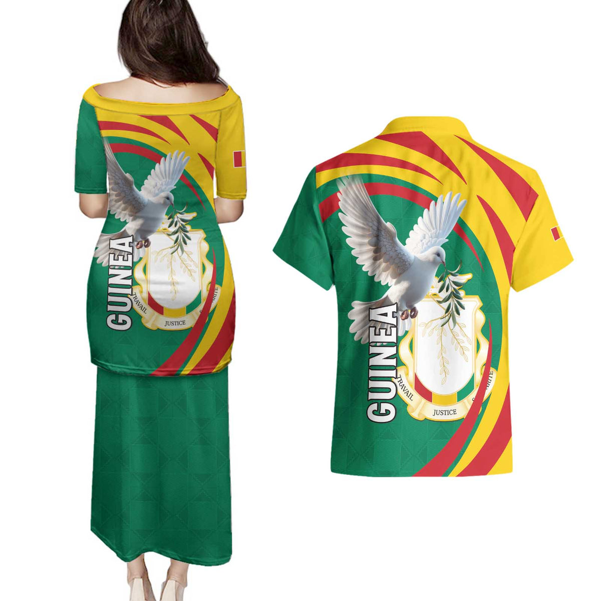 Guinea-Conakry Couples Matching Puletasi and Hawaiian Shirt Coat Of Arms With Pigeon