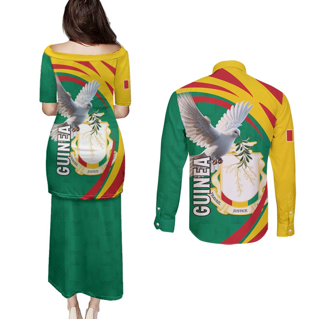 Guinea-Conakry Couples Matching Puletasi and Long Sleeve Button Shirt Coat Of Arms With Pigeon